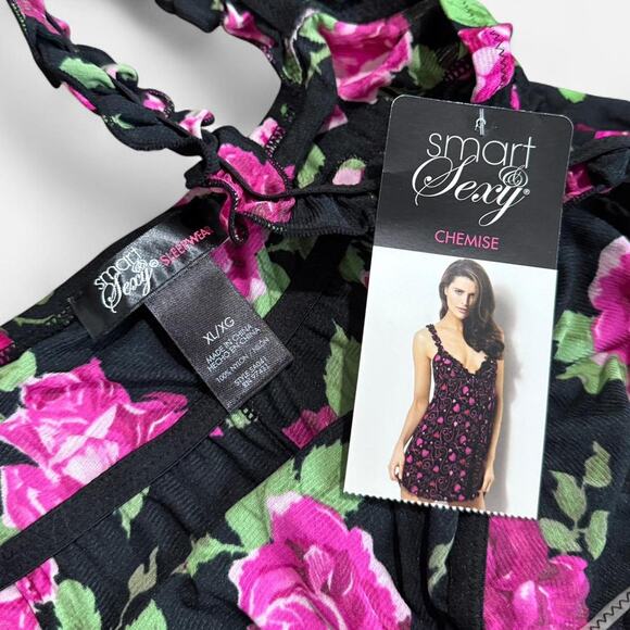 NWT Smart & Sexy Black & Pink Floral Pattern Ruffle Strap Lingerie Chemise Slip - Picture 7 of 7